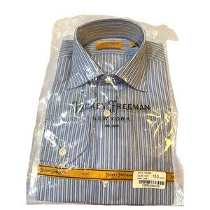 Hickey Freeman Men's Contemporary Fit Luxury Dress Shirt Navy Stripe Size 15.5